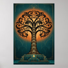 Elegant Art Deco Träd Silhuett Guld & Teal Affisch