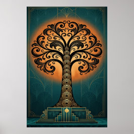 Elegant Art Deco Träd Silhuett Guld & Teal Affisch