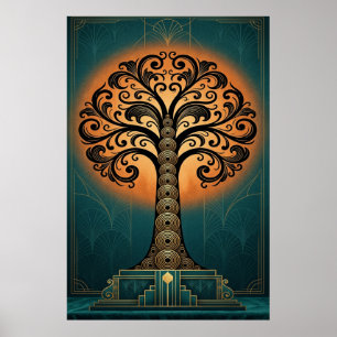 Elegant Art Deco Träd Silhuett Guld & Teal Affisch