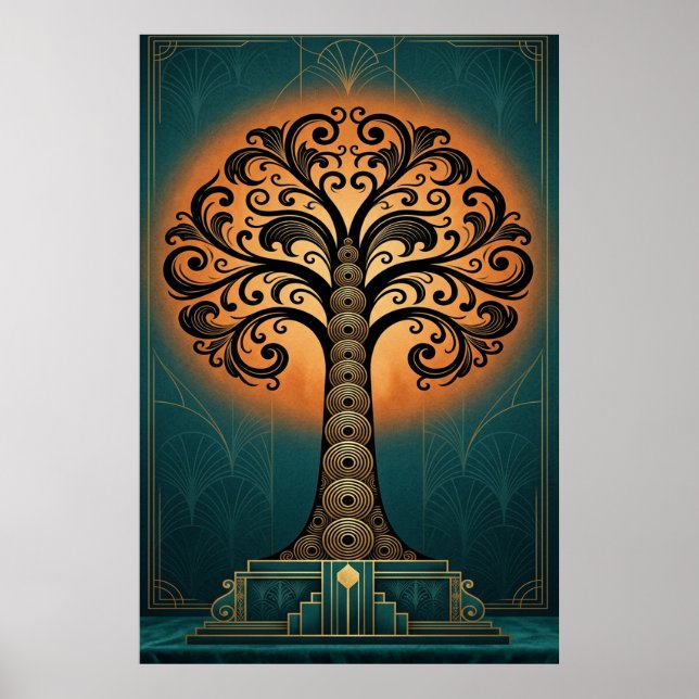 Elegant Art Deco Träd Silhuett Guld & Teal Affisch (Framsidan)