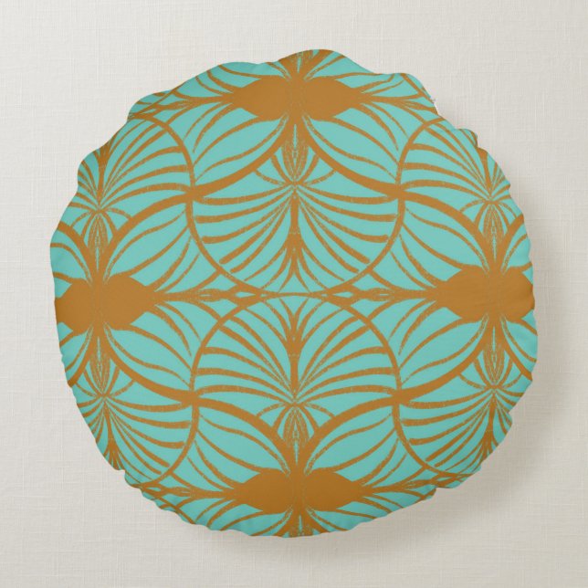 Elegant Art Deco Turcos & Guld Gouache Scallops Rund Kudde (Baksidan)