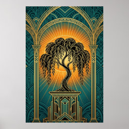 Elegant Art Deco Weeping Willow Gold & Teal Poster