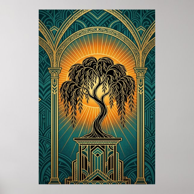 Elegant Art Deco Weeping Willow Gold & Teal Poster (Framsidan)