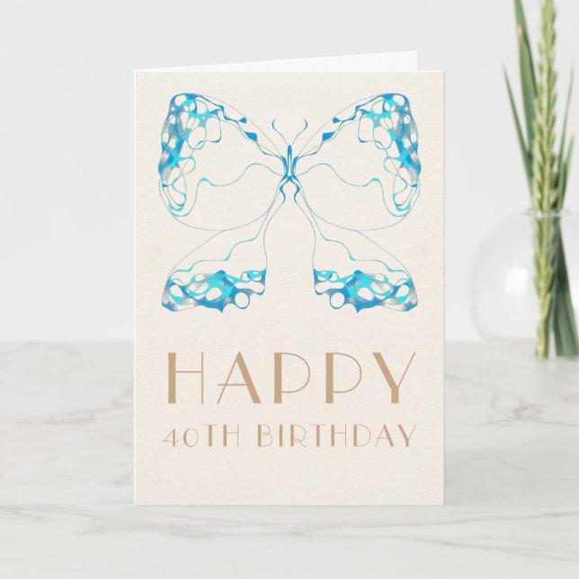 Elegant Art Deco Whimsical Blue Butterfly Birthday Kort (Framsida)