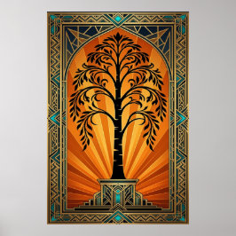 Elegant Art Deco Willow Tree Sunset Gold Poster