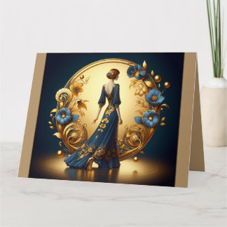 Elegant Art Deco Woman i Guld och Blue Kort