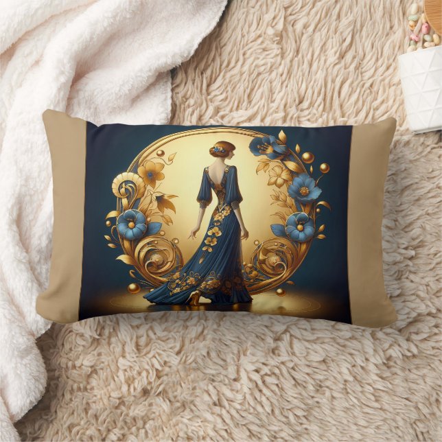 Elegant Art Deco Woman i Guld och Blue Lumbarkudde (Filt)