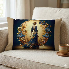 Elegant Art Deco Woman i Guld och Blue Lumbarkudde