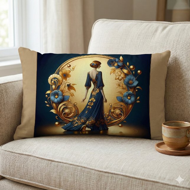 Elegant Art Deco Woman i Guld och Blue Lumbarkudde (Elegant Art Deco Woman in Gold and Blue Lumbar Pillow Mockup A)