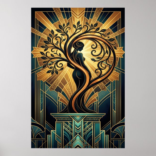 Elegant Art Deco Woman Tree Silhouette Black Gold  Poster (Framsidan)