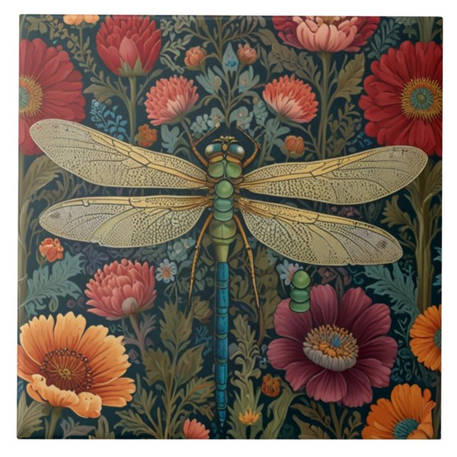 Elegant art nouveau Autumn floral Dragonfly Kakelplatta (Framsidan)