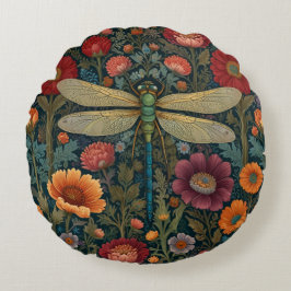 Elegant art nouveau Autumn floral Dragonfly Rund Kudde