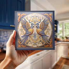 Elegant Art nouveau Birds Pat#21 Blue Guld ID1078 Kakelplatta