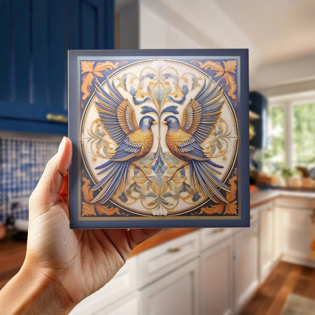 Elegant Art nouveau Birds Pat#21 Blue Guld ID1078 Kakelplatta (Skapare uppladdad)