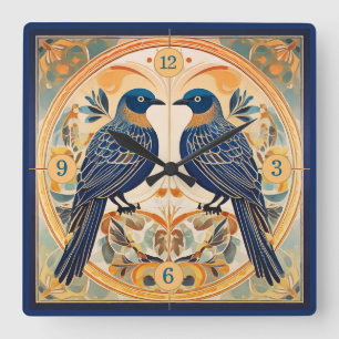 Elegant Art nouveau Birds Pat#22 Blue Peach ID1078 Fyrkantig Klocka