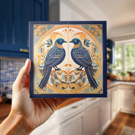 Elegant Art nouveau Birds Pat#22 Blue Peach ID1078 Kakelplatta