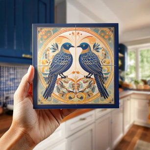 Elegant Art nouveau Birds Pat#22 Blue Peach ID1078 Kakelplatta