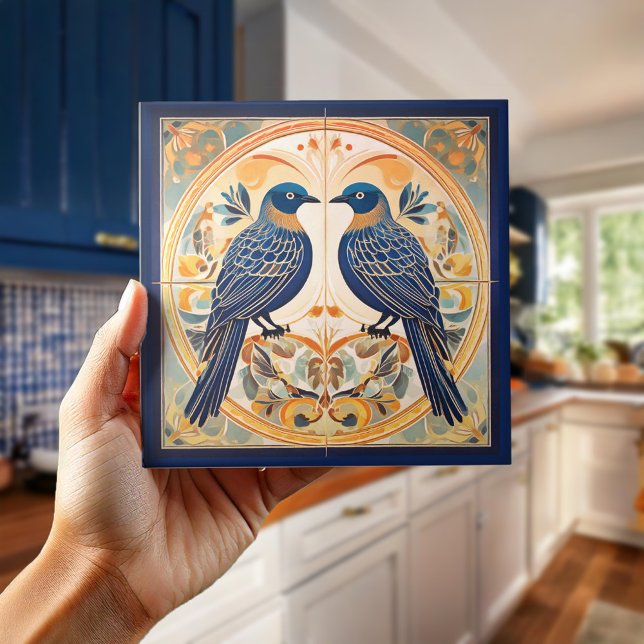 Elegant Art nouveau Birds Pat#22 Blue Peach ID1078 Kakelplatta (Skapare uppladdad)