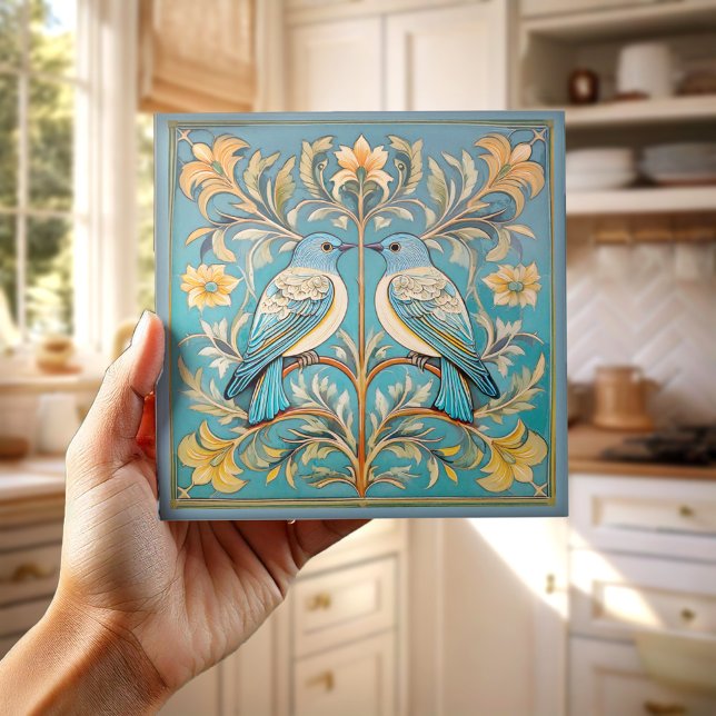 Elegant Art nouveau Birds Pat#23 Teal Peach ID1078 Kakelplatta (Skapare uppladdad)