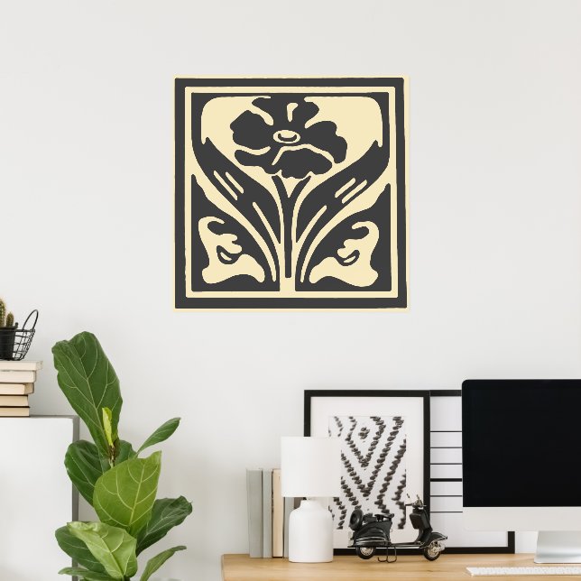 Elegant Art nouveau Black Beige Flower Poster (Hemmakontoret)