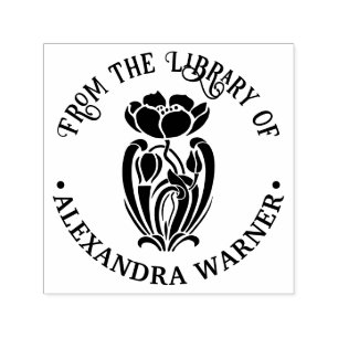 Elegant Art Nouveau Blomma Rund Bibliotek Bok Namn Självfärgande Stämpel