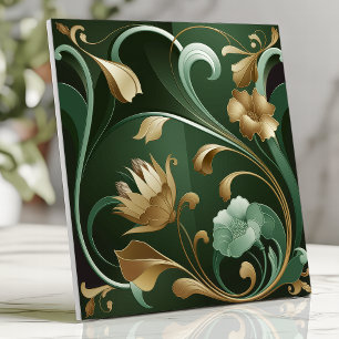 Elegant Art Nouveau Blommig Smaragd och Guld Kakelplatta