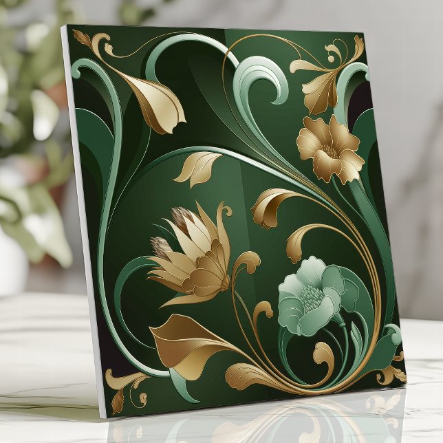 Elegant Art Nouveau Blommig Smaragd och Guld Kakelplatta (Skapare uppladdad)