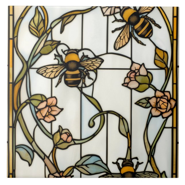 Elegant art nouveau botanical  bee stain glass kakelplatta (Framsidan)
