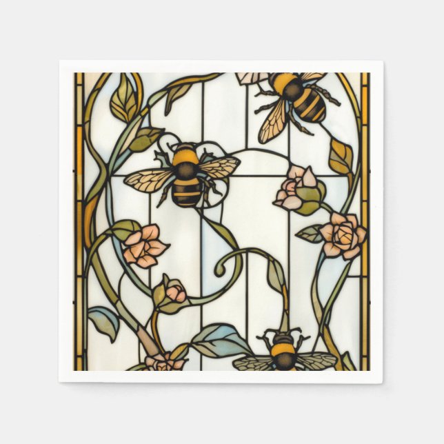 Elegant art nouveau botanical  bee stain glass pappersservett (Framsidan)