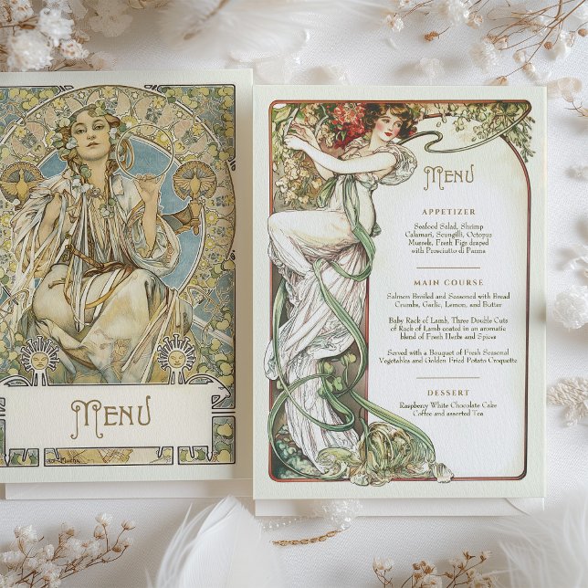 Elegant Art nouveau Bröllop Middag Menu Mucha Inbjudningar (Skapare uppladdad)