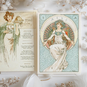 Elegant Art nouveau Bröllop Middag Menu Mucha Inbjudningar