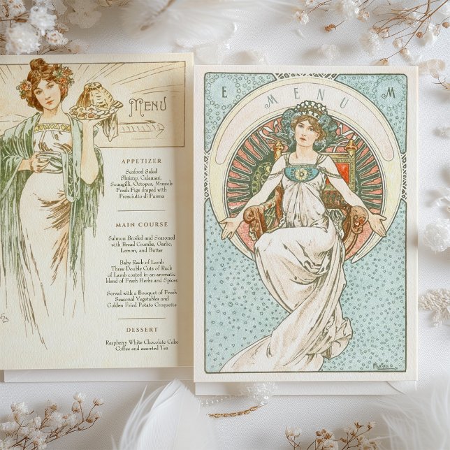 Elegant Art nouveau Bröllop Middag Menu Mucha Inbjudningar (Skapare uppladdad)