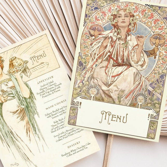 Elegant Art nouveau Bröllop Middag Menu Mucha Inbjudningar (Skapare uppladdad)