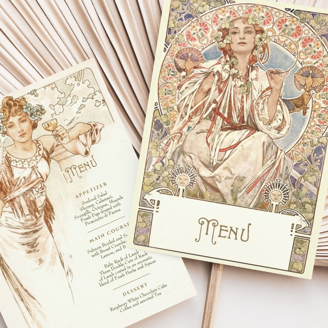Elegant Art nouveau Bröllop Middag Menu Mucha Inbjudningar (Skapare uppladdad)
