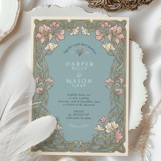 Elegant Art Nouveau Bröllopslilja Inbjudningar (Skapare uppladdad)
