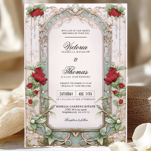 Elegant Art nouveau Burgundy Blommigt Bröllop Inbjudningar