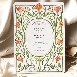 Elegant Art Nouveau Coral Lily Wedding Invite Inbjudningar