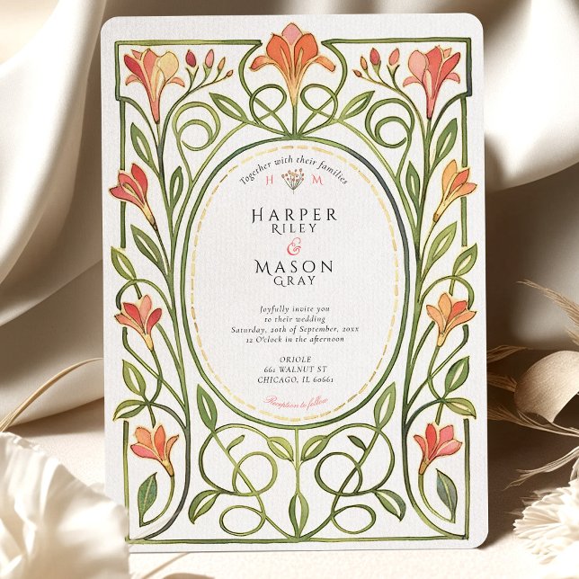 Elegant Art Nouveau Coral Lily Wedding Invite Inbjudningar (Skapare uppladdad)