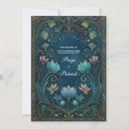 Elegant Art Nouveau Cyan Lotus Blommig Bröllop Inbjudningar