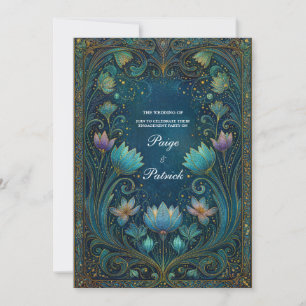 Elegant Art Nouveau Cyan Lotus Blommig Bröllop Inbjudningar
