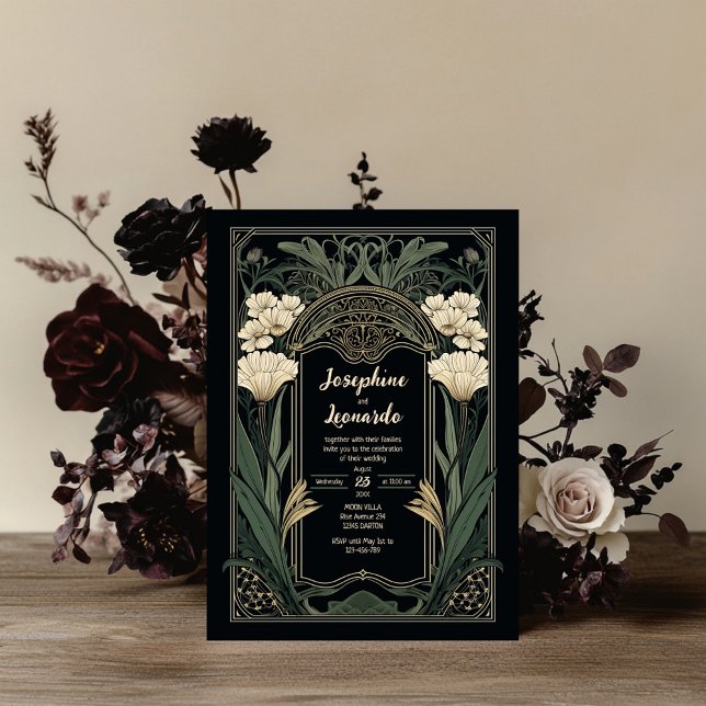 Elegant Art Nouveau Dark Floral Wedding Invitation Inbjudningar (Skapare uppladdad)