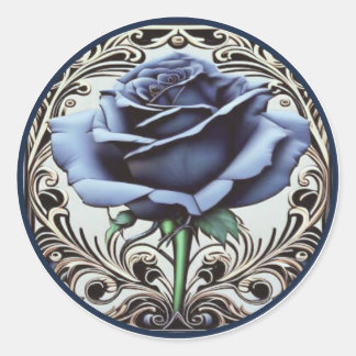 Elegant Art Nouveau-design med blå ros Runt Klistermärke
