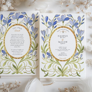 Elegant Art nouveau Dusty Blue & Guld Bröllop Inbjudningar
