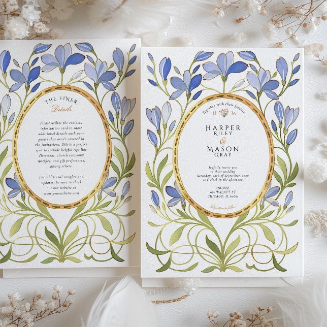 Elegant Art nouveau Dusty Blue & Guld Bröllop Inbjudningar (Skapare uppladdad)