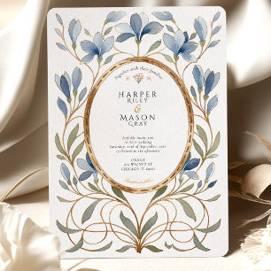 Elegant Art nouveau Dusty Blue & Guld Bröllop Inbjudningar