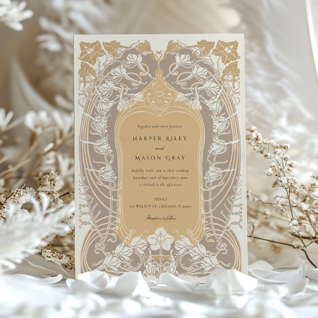 Elegant Art nouveau Guld Cream Tones Inbjudningar (Skapare uppladdad)