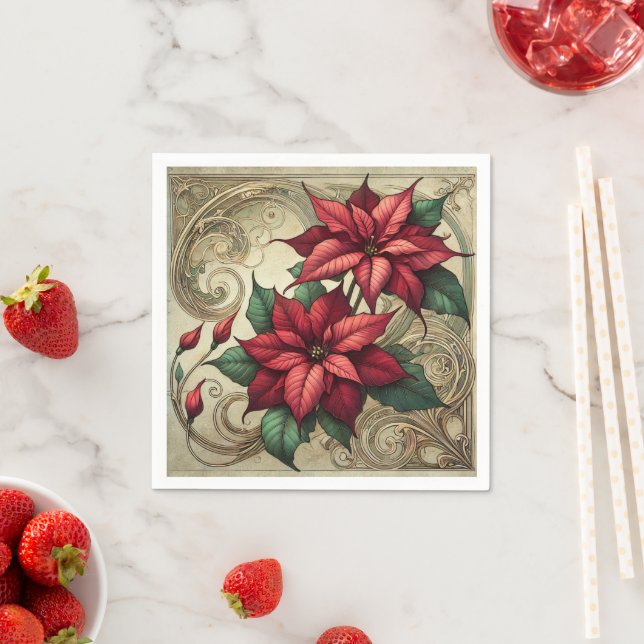 Elegant Art Nouveau Holiday Poinsettia Découpage Pappersservett (Insitu)