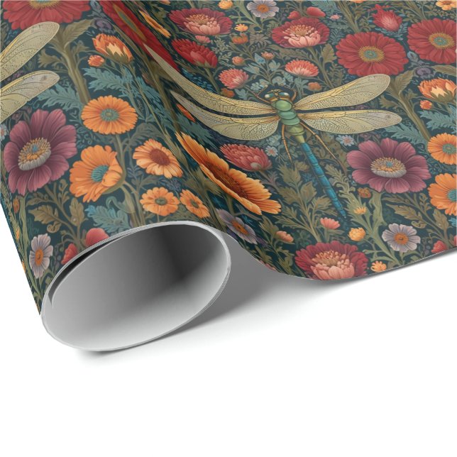 Elegant art nouveau höstblomma Trollslända Presentpapper (Rullad Hörn)