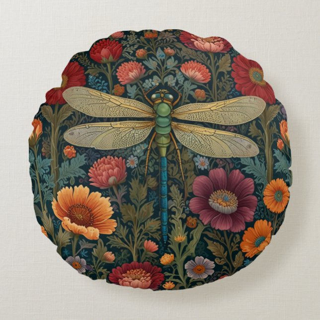 Elegant art nouveau Höstblomma Trollslända Rund Kudde (Framsidan)