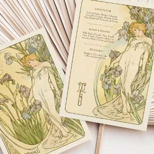 Elegant Art nouveau Iris Blommigt Goddess Menu-kor Inbjudningar